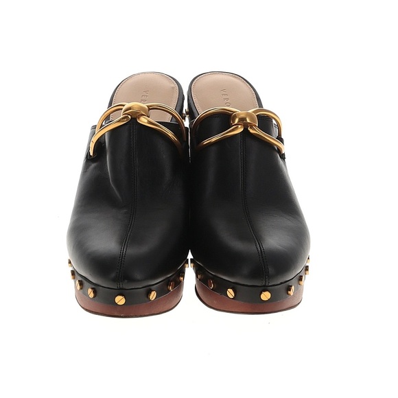 VERONICA BEARD Giles Clog in Black Leather Gold Stud Grommet Wooden Heel Sz 10 - Picture 3 of 14